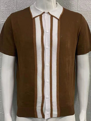 Brown acrylic knitted polo shirt with white vertical stripes and a white collar.