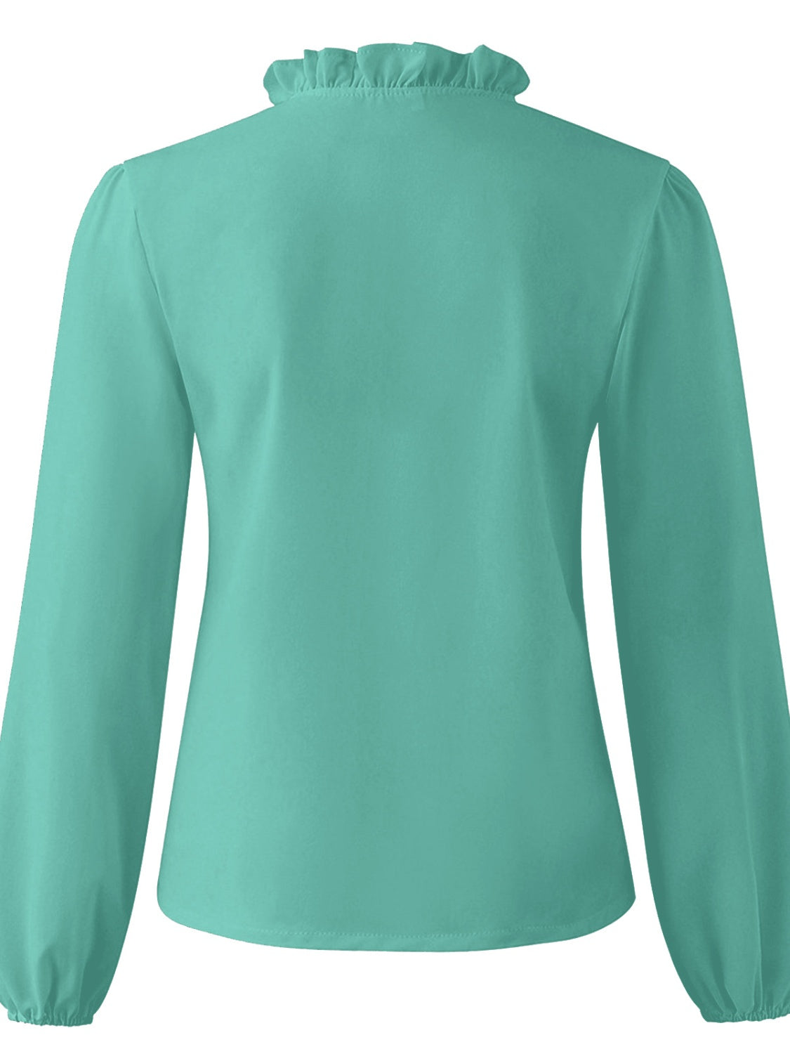 Teal blouse with ruffled neckline and balloon sleeves.