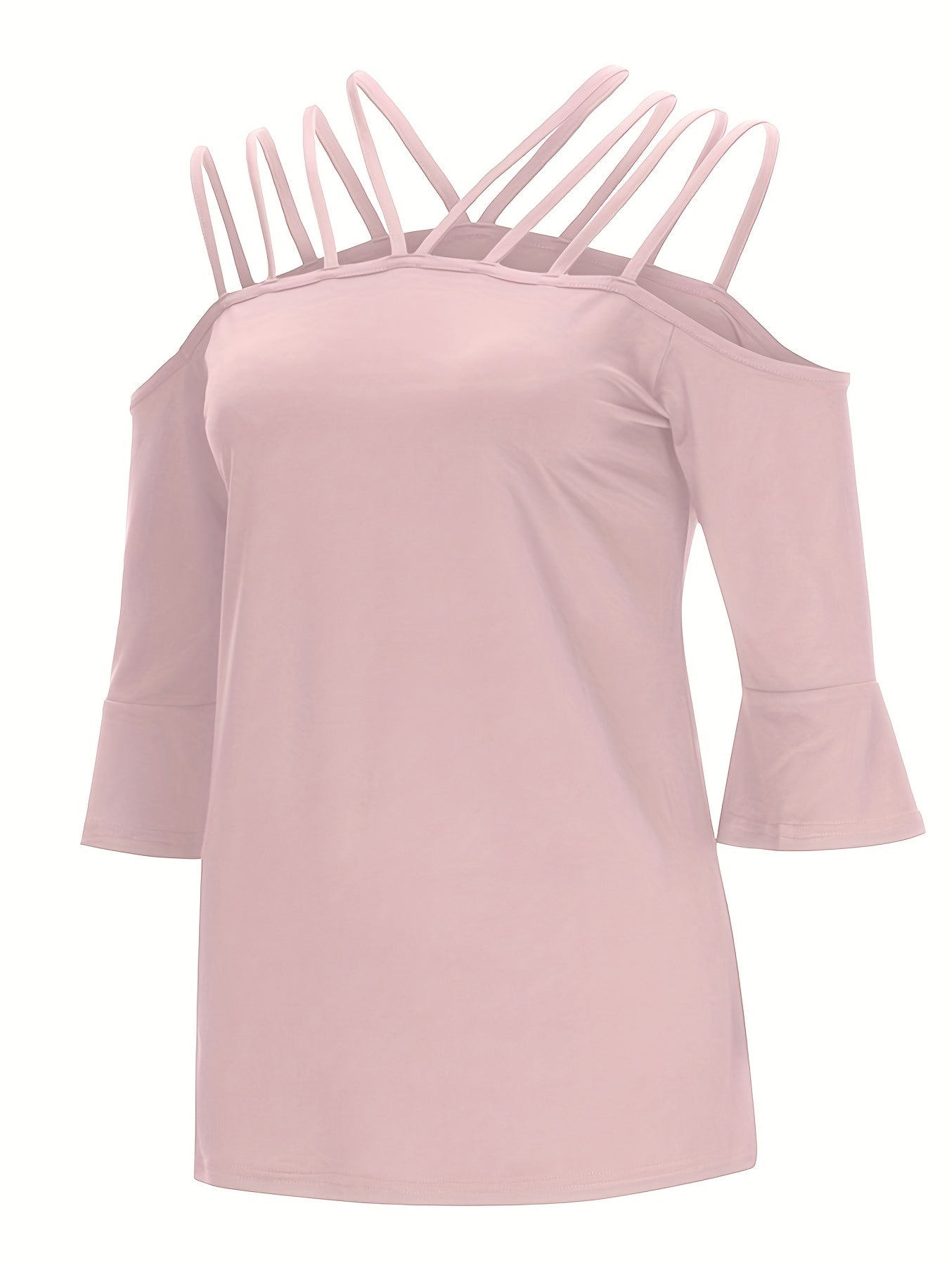 Blush pink blouson top with strappy shoulders and flared 3/4 sleeves.