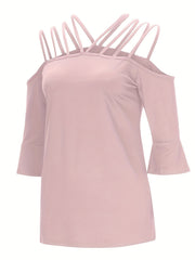 Blush pink blouson top with strappy shoulders and flared 3/4 sleeves.