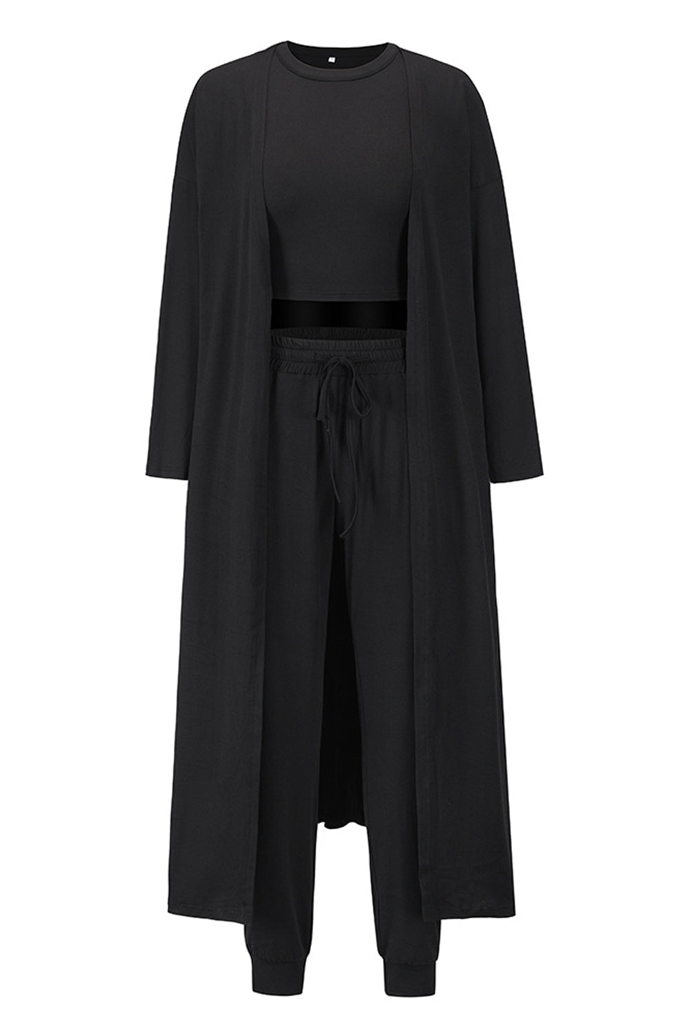 Black loungewear set with long cardigan, crop top, and drawstring pants