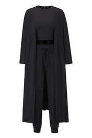 Black loungewear set with long cardigan, crop top, and drawstring pants