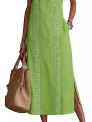 Light Green sleeveless midi dress with geometric trim and pockets, side slits.