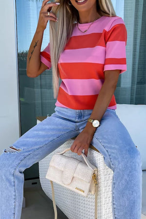 Striped knit tee with short sleeves in hot pink and coral, crew neck, casual style.