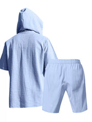 Light blue linen blend hooded top and shorts set for men.