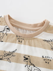 Toddler t-shirt with beige and white stripes, dinosaur print, and text detail.