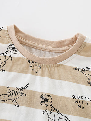 Toddler t-shirt with beige and white stripes, dinosaur print, and text detail.