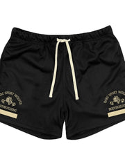Black mesh sport shorts with drawstring and gold wolf graphic detail.