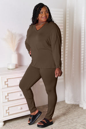 Relaxed knit loungewear set in chocolate brown with V-neck top and fitted pants.
