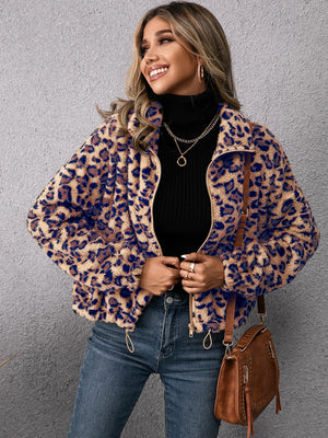 Leopard sherpa bomber jacket with zip-up front and drawstring hem.