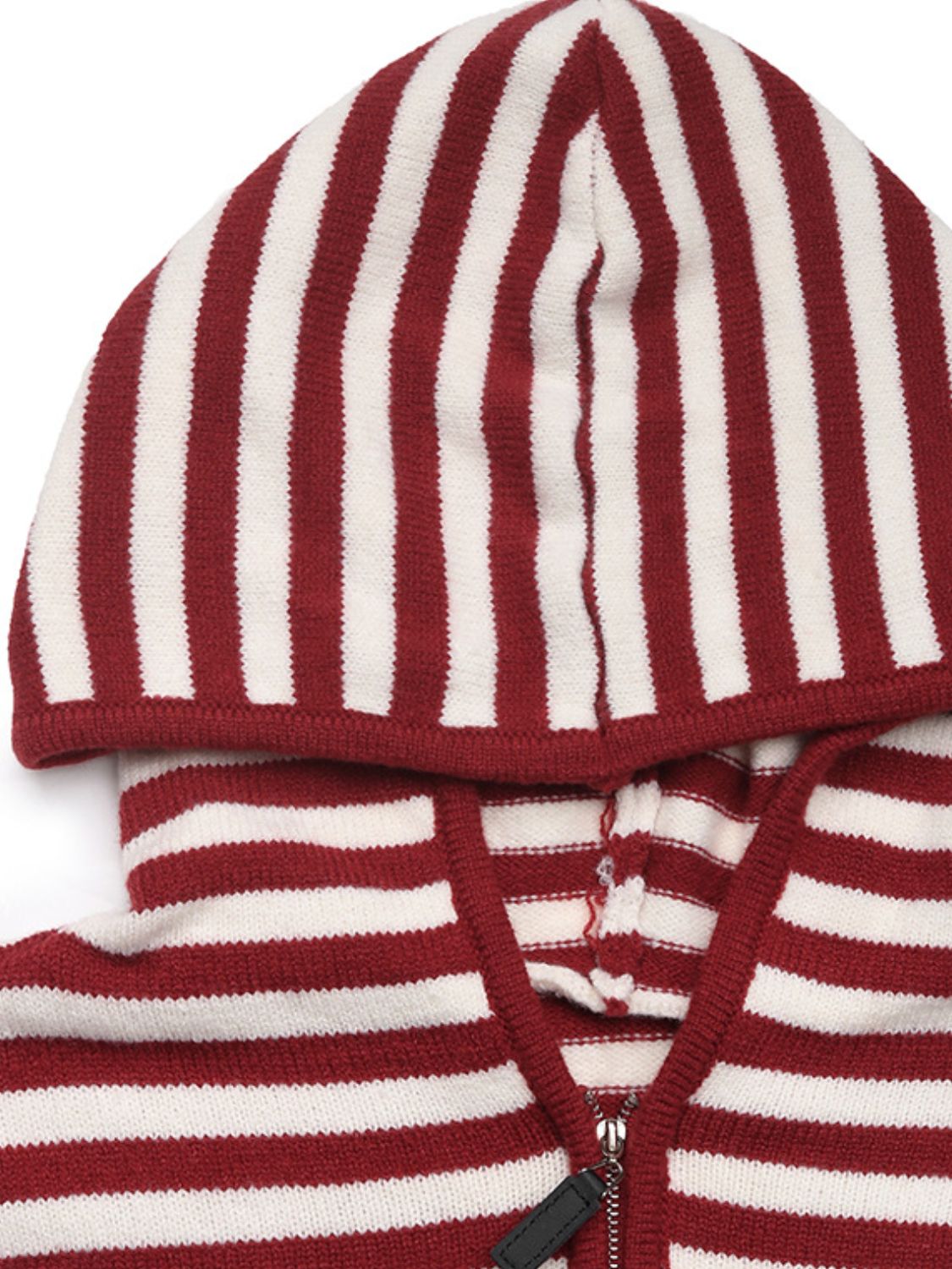 Burgundy and white striped knit zip-neck hoodie with a hood.