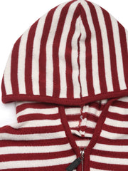 Burgundy and white striped knit zip-neck hoodie with a hood.