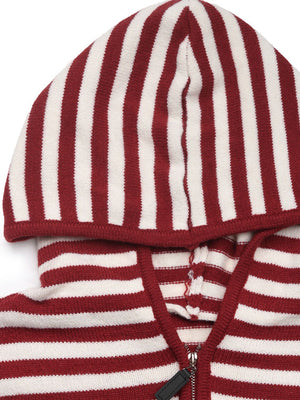 Burgundy and white striped knit zip-neck hoodie with a hood.