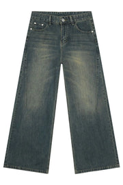 Dark wash wide-leg denim jeans with a faded, distressed look.