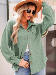 Textured oversized button-down shacket in Gum Leaf green with balloon sleeves and button details.