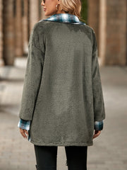 Dark Gray teddy shacket with plaid collar and cuffs, relaxed fit, casual outerwear.