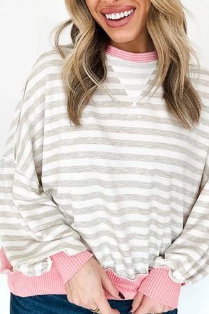 Twisted Rib Trim Striped Loose Pullover Sweatshirt, fabric detail
