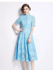 Elegant lace midi dress in Lake Blue with delicate sleeves and a-line cut.