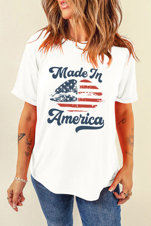 White t-shirt with distressed American flag graphic and "Made In America" text.
