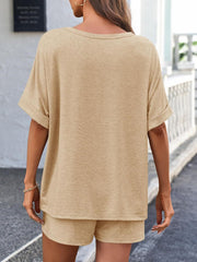 Tan relaxed fit tee with cuffed short sleeves and matching shorts.