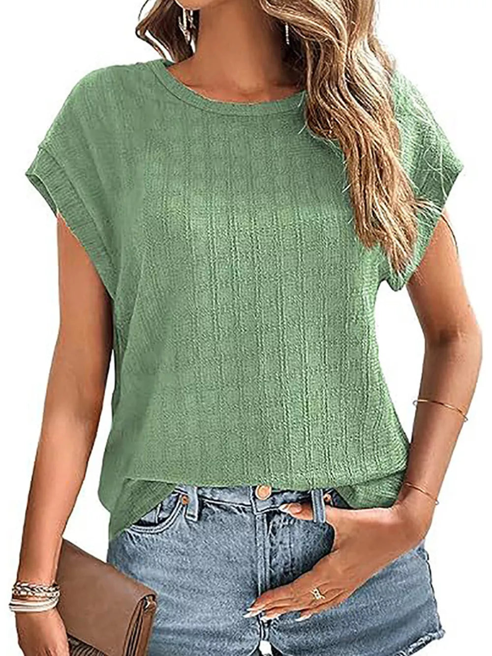 Textured Round Neck Short Sleeve Top in Malachite Green, view 16