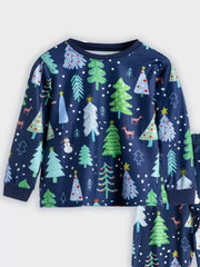 Dark Navy Christmas Tree Print Pajama Set with long sleeves and snowman detail.