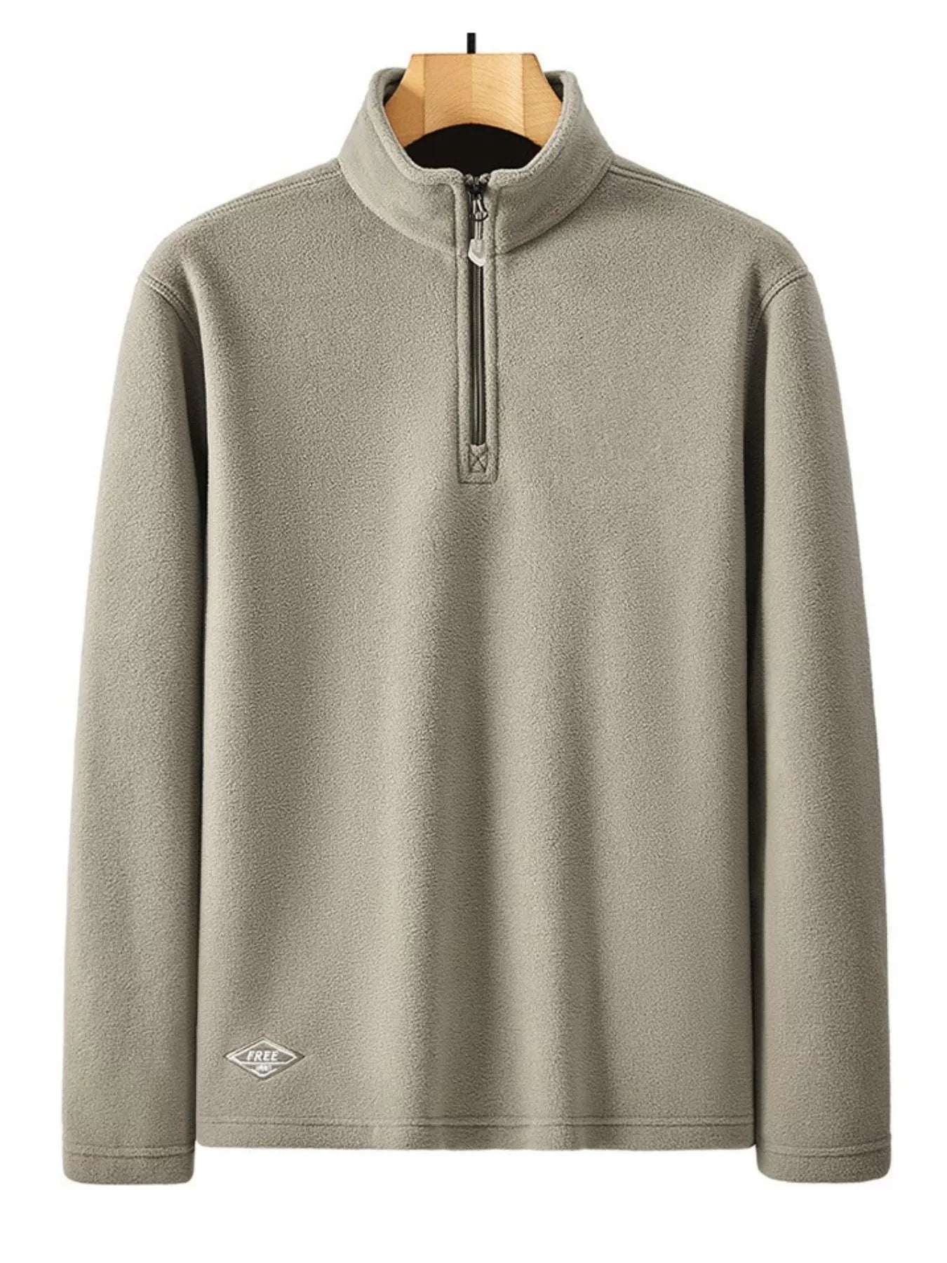 Men's gray fleece quarter zip sweatshirt with a small diamond logo detail.