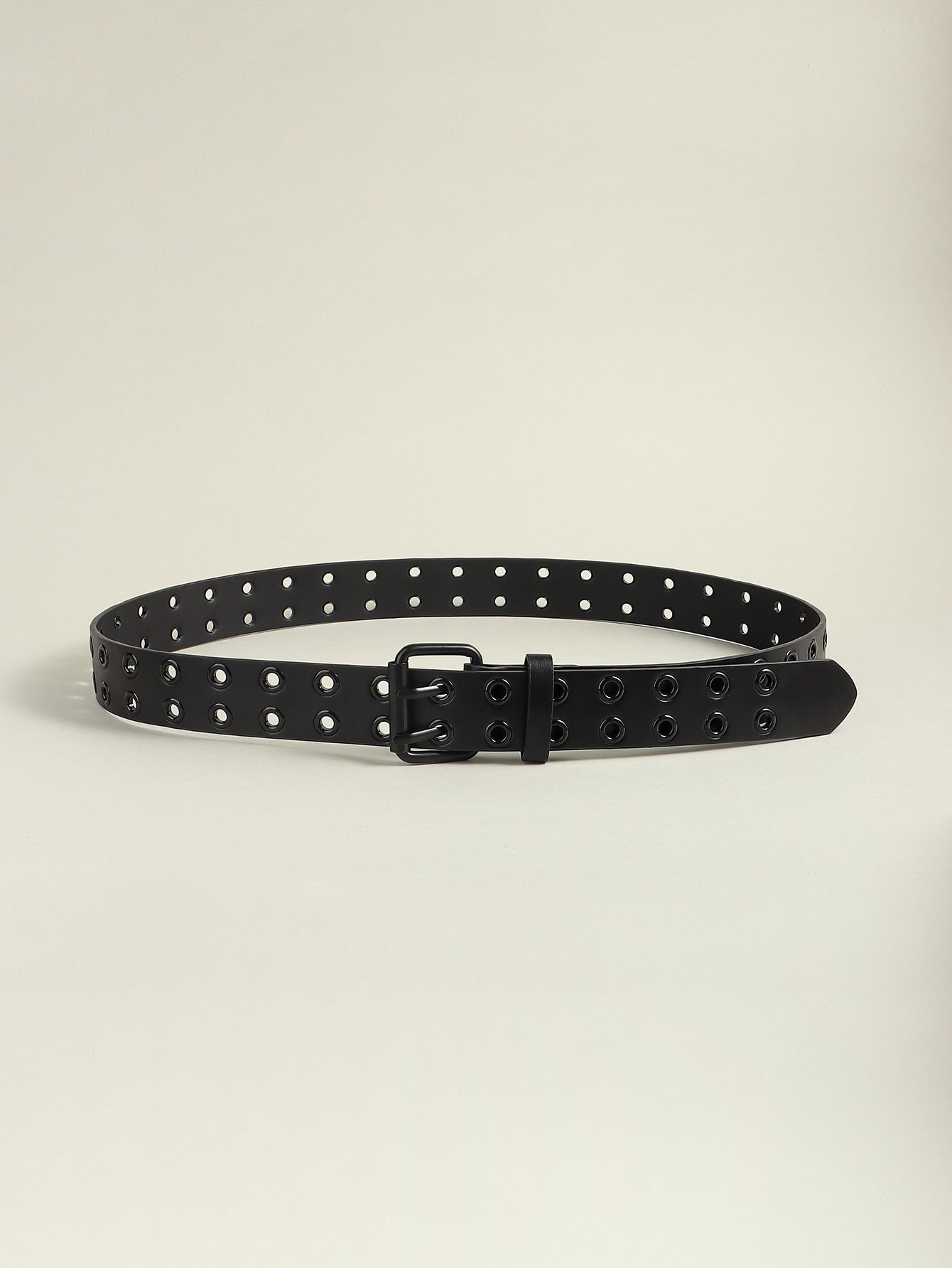 Black vegan leather belt with double row of grommets and silver buckle