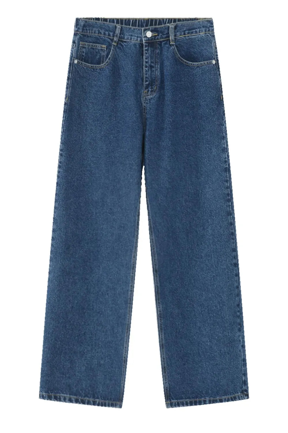 Wide-leg denim trousers in light blue with an elastic waist and classic five-pocket styling.