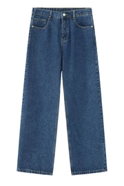 Wide-leg denim trousers in light blue with an elastic waist and classic five-pocket styling.