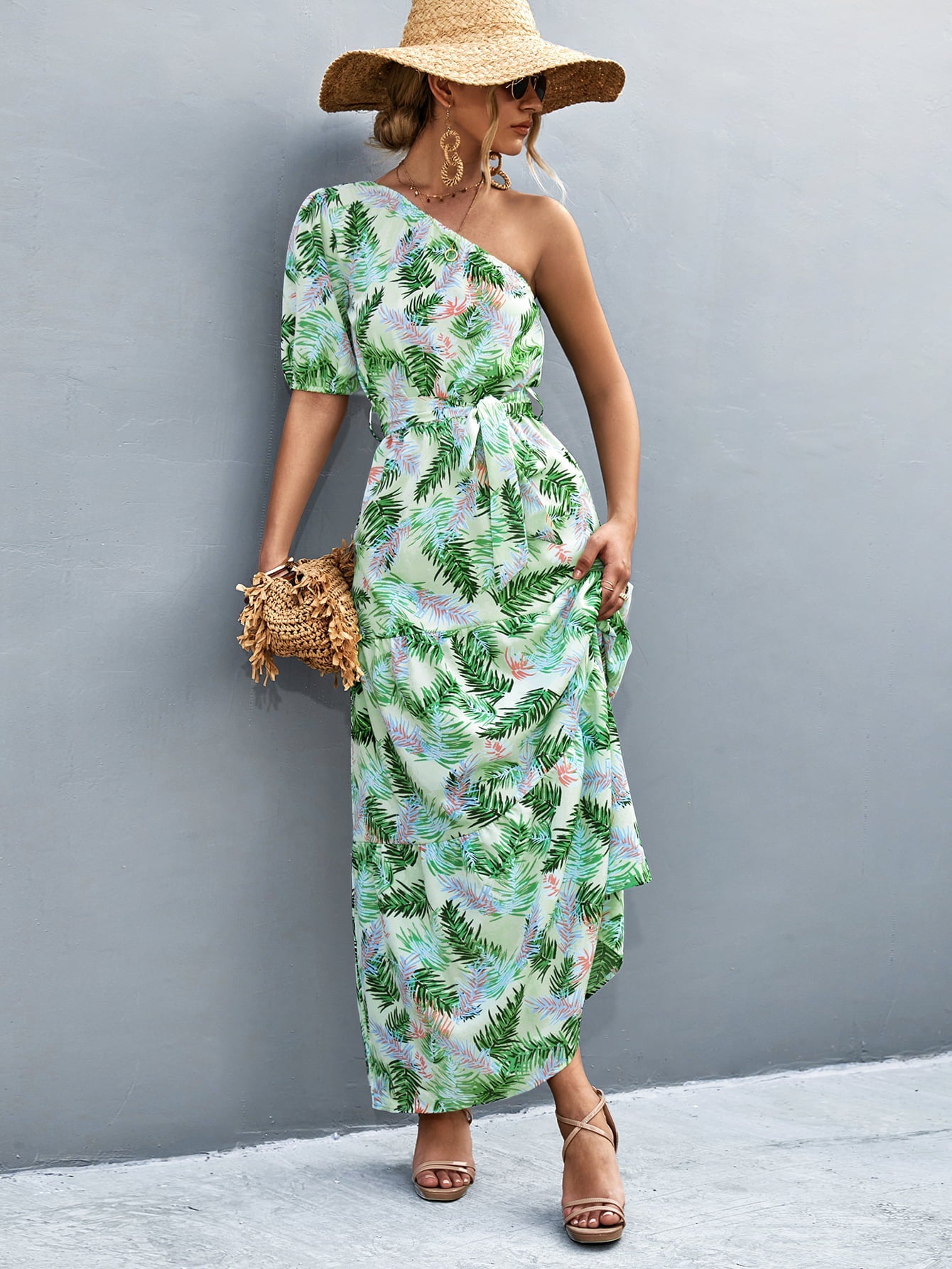 Light green tropical print one-shoulder maxi dress with balloon sleeves and a tie waist.