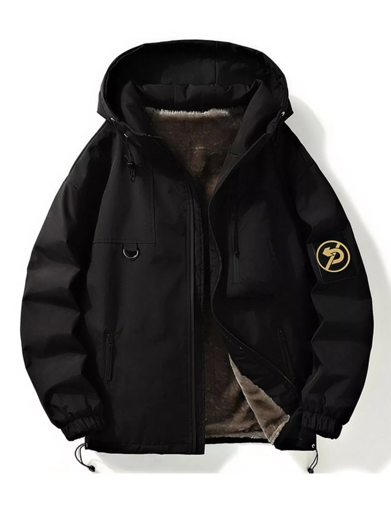 Black plush lined hooded utility jacket with drawstring and patch detail