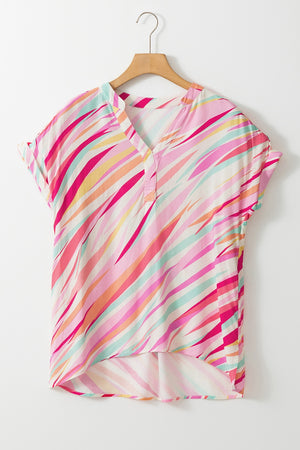 Prismatic stripe henley blouse in blush pink with a v-neck and rolled short sleeves.