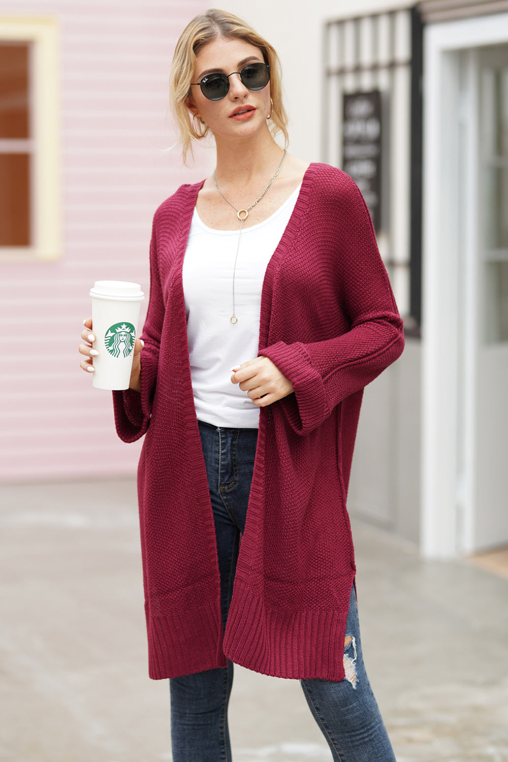 Burgundy textured open-front maxi knit cardigan with ribbed cuffs and hem