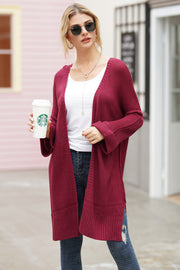 Burgundy textured open-front maxi knit cardigan with ribbed cuffs and hem