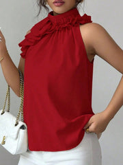 Ruffled high neck sleeveless blouse in red, black, apricot, or brown.