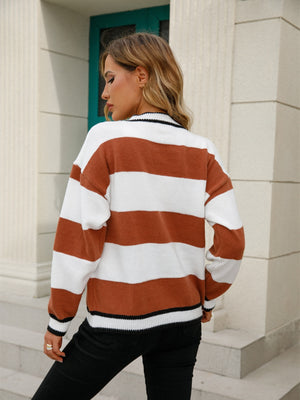 Ochre and white striped knit cardigan with black trim, crew neck, long sleeves.