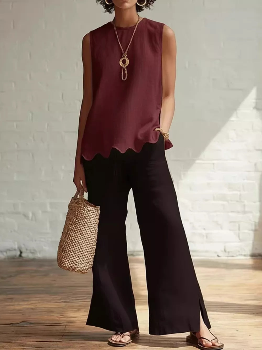 Wine red sleeveless tank top with scalloped hem, styled with black wide-leg pants.