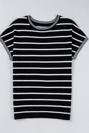 Black and white striped boxy tee with contrast ribbed trim on neckline and sleeves.