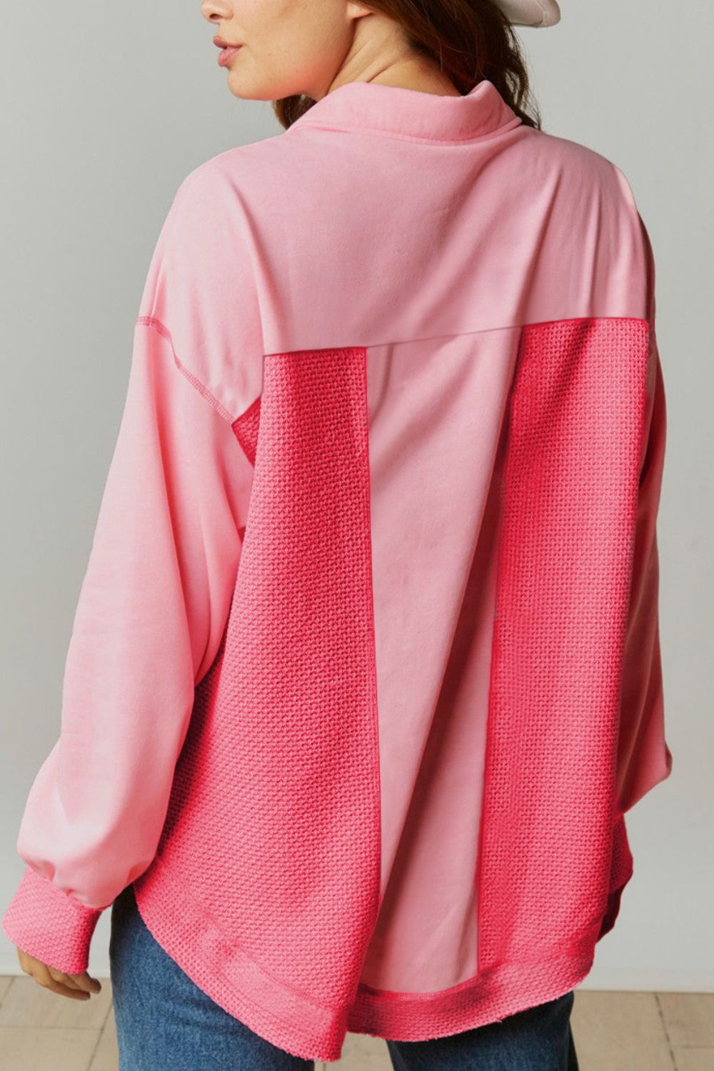 Waffle knit panel shacket in blush pink with contrasting textured panels.