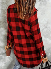 Oversized deep red buffalo check shirt jacket with button cuffs and a relaxed fit.