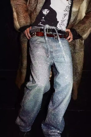 Ombré crystal embellished wide leg jeans in dark and medium washes with a gradient effect.