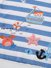 Toddler t-shirt with blue and white stripes, featuring a nautical print with a boat, crab, starfish, and anchor.