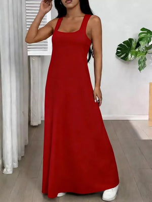 Red scoop neck cami maxi dress with a flowing skirt.