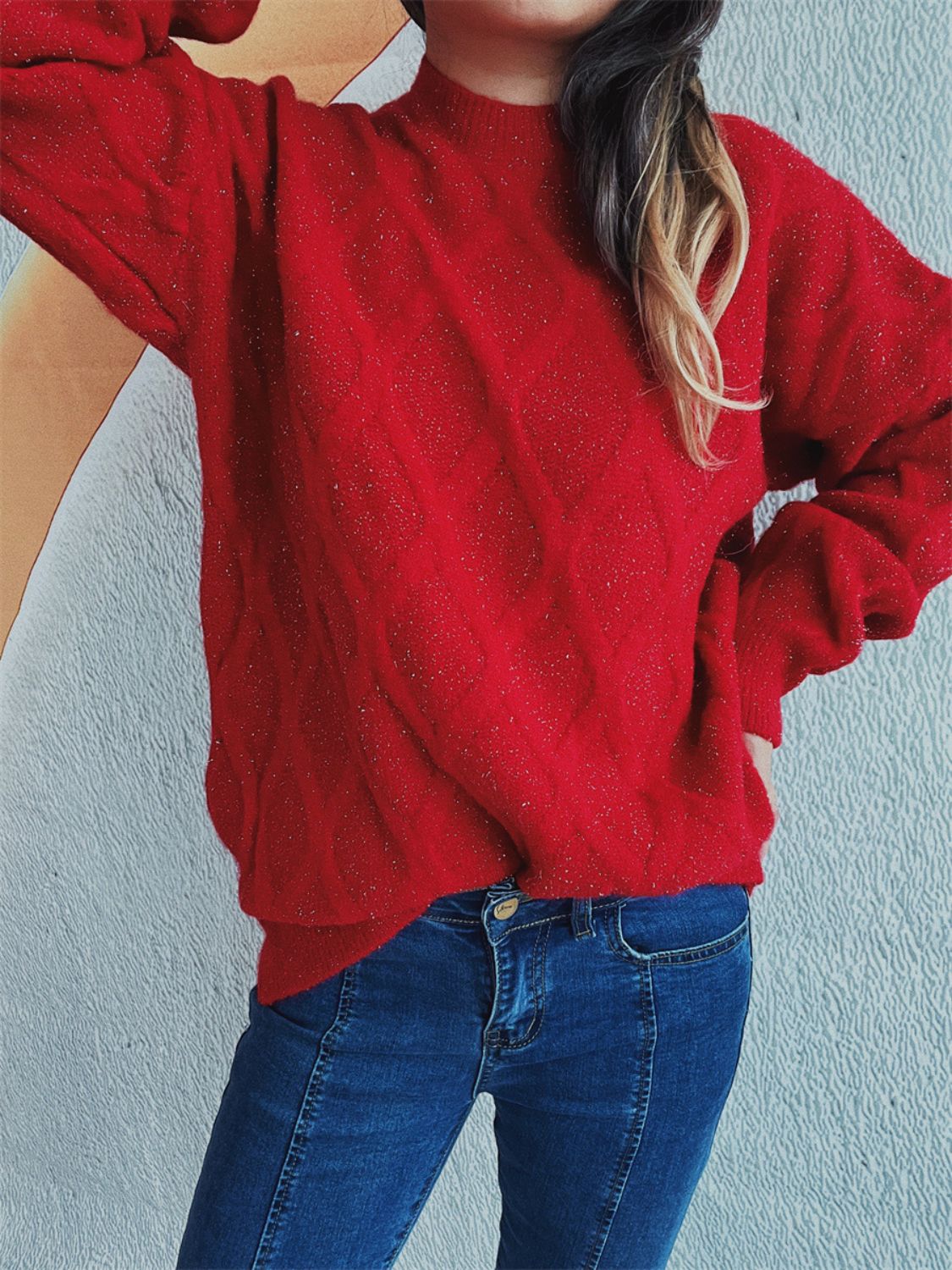 Sparkle knit relaxed fit sweater in deep red with a mock neck and long sleeves.