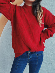 Sparkle knit relaxed fit sweater in deep red with a mock neck and long sleeves.