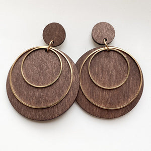 Wood and brass statement hoop earrings with layered circles, Style B