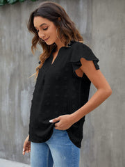 Black textured voile blouse with flutter sleeves and v-neck