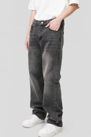 Pocketed dark wash denim jeans with a relaxed fit.