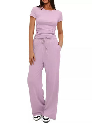 Ruched Short-sleeve Pants in Khaki Color, fit detail